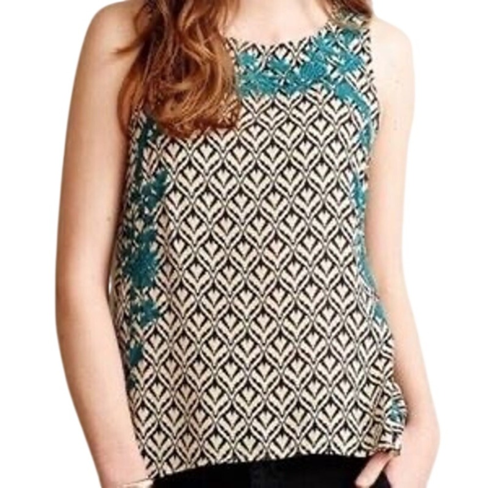 THML Anthropologie Black, Cream and Teal embroidered Tank Top Size‎ Medium